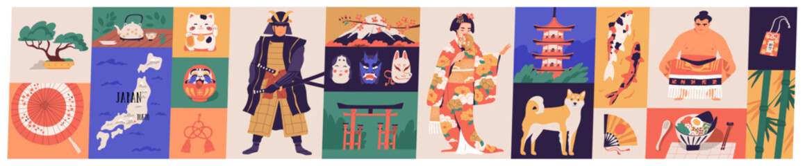 Japan concept collage. Japanese food, people, architecture, art. National heritage set. Geisha in kimono, samurai, koi carp, ramen, pagoda, sumo wrestler, traditional toys. Flat vector illustration