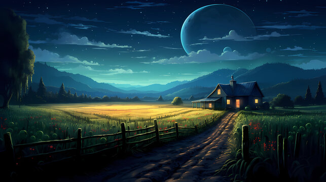 Medieval old farmland in moon light, cornfield landscape digital illustration