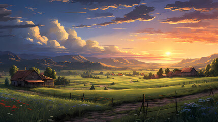 Naklejka na ściany i meble Rural country side farm in sunset at a summer day, digital illustration