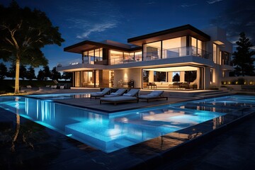 Fototapeta premium Contemporary, luxurious residence featuring a pool.