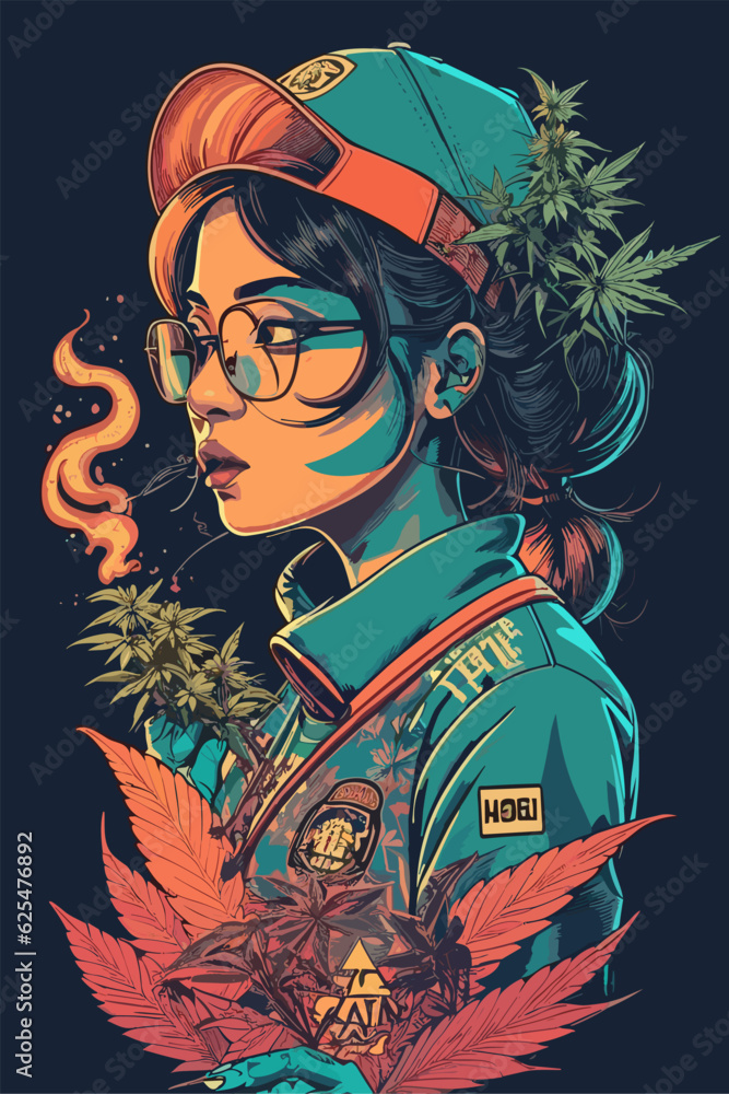 Wall mural A girl smoking marijuana in an abstract background