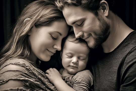 Happy young family with a newborn baby. Parents huging their child. Black and white photo. Generative AI