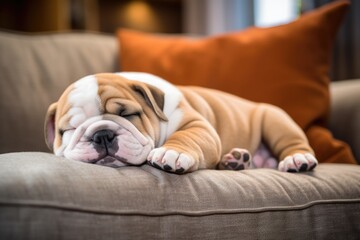 A Bulldog Mix puppy is peacefully sleeping on a gray sofa in its home. - obrazy, fototapety, plakaty