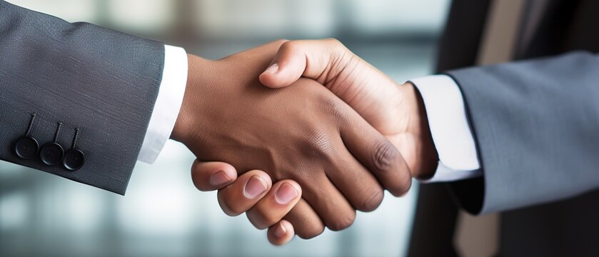 Business shaking hands, finishing up meeting. Successful businessmen handshaking after good deal. Congratulation, merger and acquisition concepts, panoramic banner