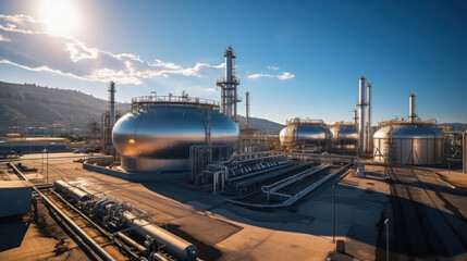 Naklejka premium Power plant for Industrial estate. Panoramic view of oil refinery. Generative AI.