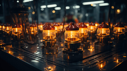 Industrial LED lights on the production line. Selective focus. Generative AI.