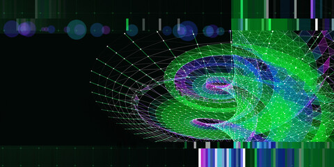 Fototapeta premium Abstract background twisting wireframe grid from dots and blurred data lines.Technology concept data grid. Banner for business, science and technology data analytics. 