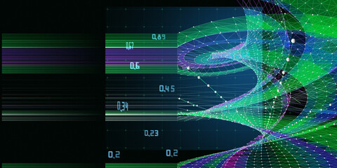 Abstract  background twisting wireframe grid from dots and blurred data lines. Big Data. Technology concept data grid.  Banner for business, science and technology data analytics.