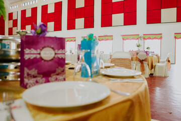 Wedding gift bag on a table. Catering table decor. Wedding ceremony.
