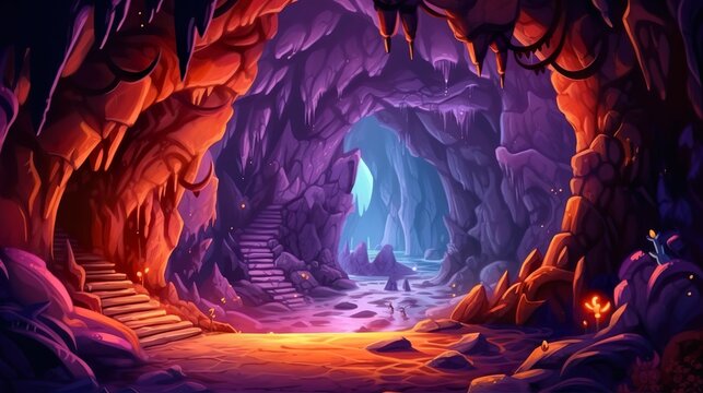 Abstract background mystical cave. Immerse yourself in the mesmerizing glow of a neon-lit mystic cave through this striking illustration. Generative AI.