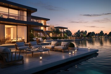 Fototapeta premium Sumptuous housing exterior boasting breathtaking glimpses of water, accompanied by a comfortable and inviting outdoor patio space. A serene summer evening scene.