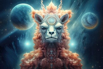 Sci-fi alpaca wild animal, fantasy creature with colorful sky dark background. Generative Ai.