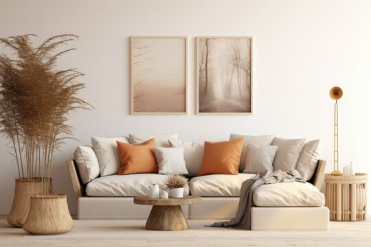 The modern home decor features a trendy interior filled with a neutral modular sofa, mock up poster frames, a rattan armchair, coffee tables, a vase filled with dried flowers, various decorations, and