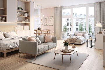 This Scandinavian style studio apartment is designed with an open and airy feel, incorporating warm pastel white and beige colors. The living area features fashionable furniture, while the kitchen