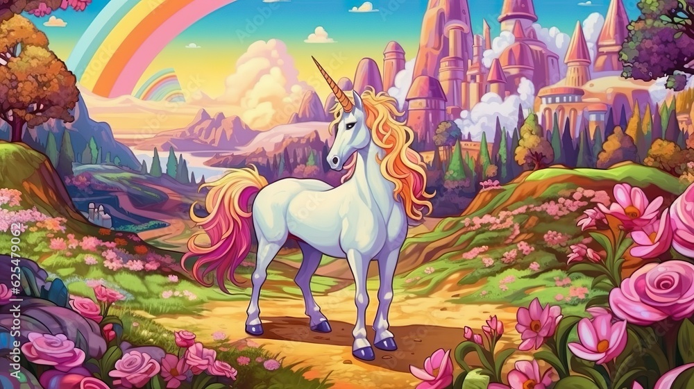 Poster abstract background unicorns. intricate illustration showcasing a whimsical and vibrant unicorn surr