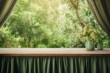 A table with no objects on top, placed in front of a curtain. The view from the window shows a green garden with trees in the background. This image can be used for creating a product display or