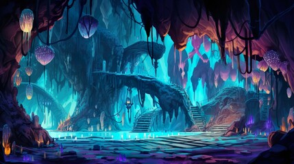 Abstract background mystical cave. Step into a world of mystery with an illustration capturing the magical ambiance of a neon-lit mystic cave. Generative AI.