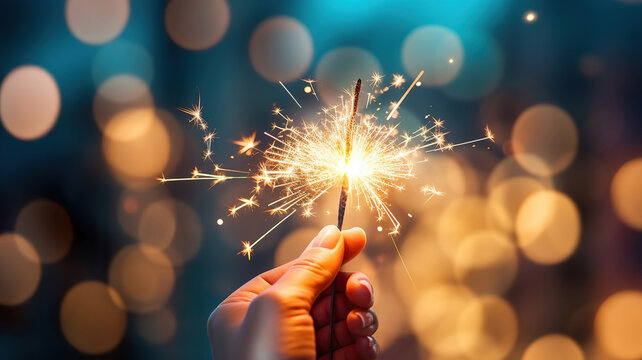 A woman holds a sparkler in the background