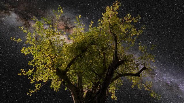 Timelapse video of a majestic tree with night sky, stars and milky way. Mythological tree of life. Tree of knowledge symbol. Cinematic metaphorical video. Universe exploration, science and philosophy.