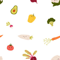 Cute funny vegetables, seamless pattern, background. Food characters, repeating print. Broccoli, avocado, tomato with kawaii faces. Kids colored flat graphic vector illustration for textile, wrapping