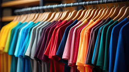 plain t-shirts of different colors hang on a hanger, store interior blur. - obrazy, fototapety, plakaty