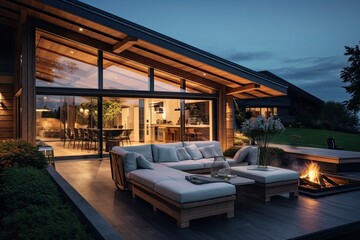 Obraz premium In the evening, the exterior of the beautiful chalet cider home is enhanced with new outdoor furniture designed specifically for this space.