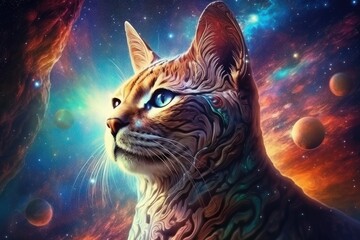 Sci-fi cat home animal, fantasy creature with colorful sky dark background. Generative Ai.