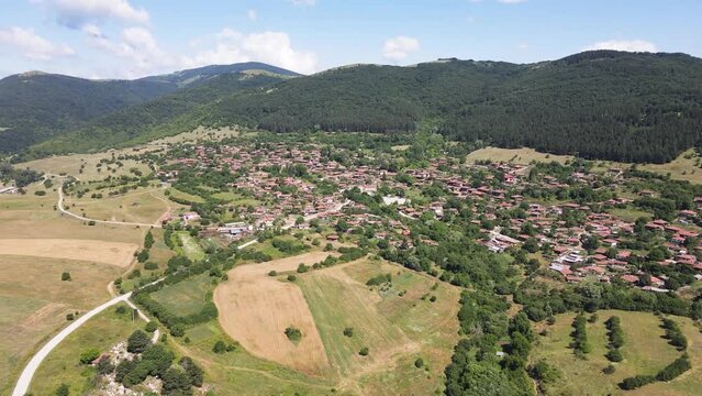 Aerial view of village of Zheravna with nineteenth century houses, Sliven Region, Bulgaria
