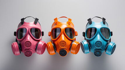 A collection of gas masks in different colors is displayed on the wall