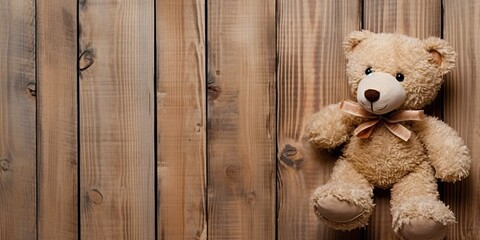 Lovely concept. Cute and classic. Teddy bear on vintage wooden table with retro design