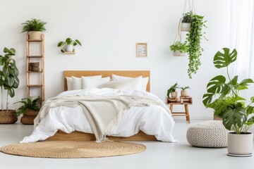 Houseplants placed against the backdrop of a white bedroom.