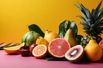 Close up with variety of fresh tropical fruits and yellow gradient background