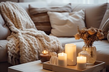 Arrangement of candles placed on a white table, set against the backdrop of a sofa adorned with soft blankets and cushions. Creating a warm and inviting atmosphere within a home.
