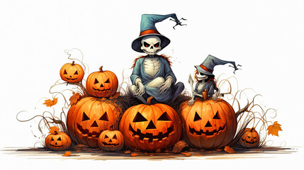 illustration skeleton halloween jack-o-lanterns. Ai generative