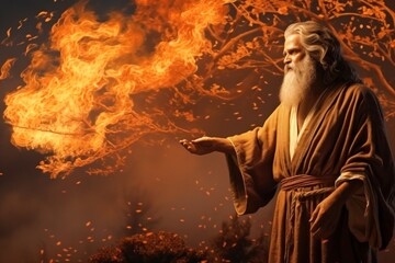 Obraz premium Gods appearance to Moses at the burning bush in the desert on Mount Sinai Generative AI Illustration
