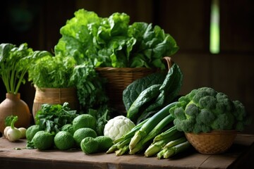 At home, there are newly harvested green vegetables placed on the table.