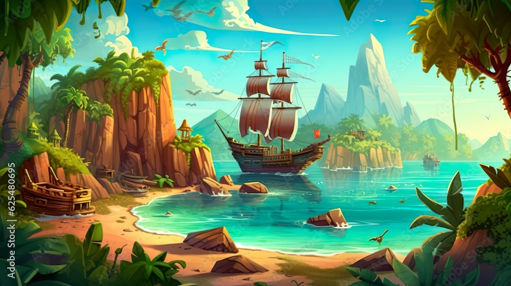 Poster background secret island with pirates. the fusion of background and elements brings to life a thrill