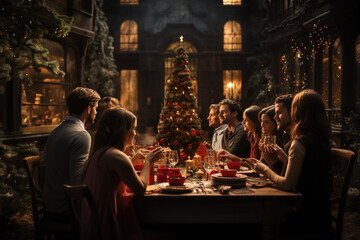 Christmas time in family , parents with kids at the festive tale in living room at home wuth...