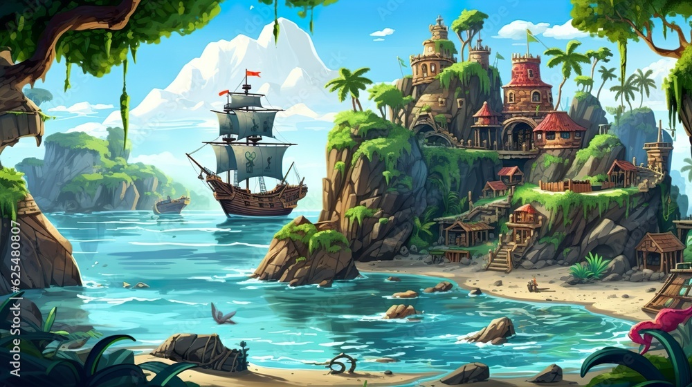 Poster background secret island with pirates. immerse yourself in the world of pirates with an illustration
