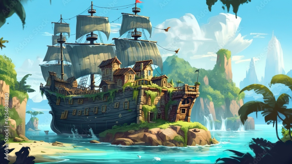 Poster background secret island with pirates. captivating illustration of an island teeming with adventurou