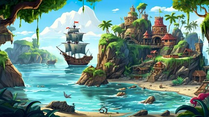 Background secret island with pirates. Immerse yourself in the world of pirates with an illustration showcasing an island filled with adventure and danger. Generative AI.