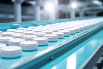 Hintergrund der pharmazeutischen Herstellung Dosen  auf einer automatischen Förderlinie, Generiert mit KI