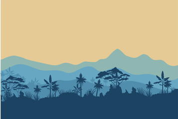 Fototapeta na wymiar background mountains, palm trees, craft style, vintage