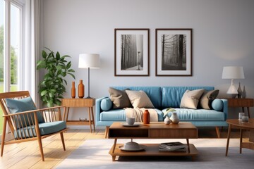 Contemporary living room design featuring a simulated picture frame, a wooden sideboard, a glass coffee table, a trendy sofa, a blue cushion, and personalized accessories. This home interior decor