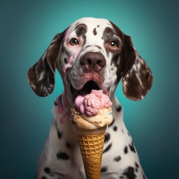 Dog Eats Ice Cream On Roller Skates 2 Stock Photo - Download Image