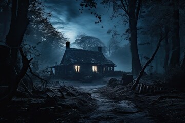 A Halloween banner featuring a haunted house, depicting an aged and deserted house amidst a dark forest at night. A chilling colonial cottage located in an enigmatic woodland. The photograph has been