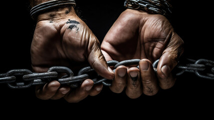 Fototapeta na wymiar A pair of hands bound by chains struggles against the darkness