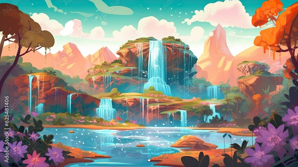 Poster Abstract background magic fountains. A visually stunning composition of an abstract background and illustrative elements, capturing the enchantment of a colorful magic fountain. Generative AI.