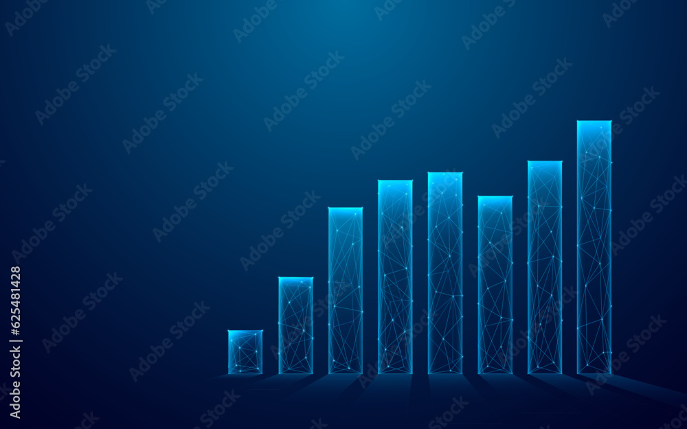 Poster digital grow chart graph in blue on technological background. low poly wireframe vector illustration