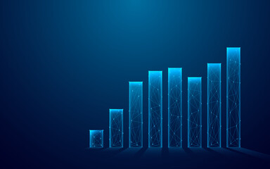 Digital grow chart graph in blue on technological background. Low poly wireframe vector illustration with 3d effect.